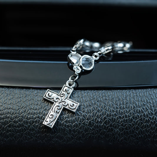 Christian Cross Car Pendant Chain – Vintage Faith Charm for Car Interior, Rearview Mirror & Gift